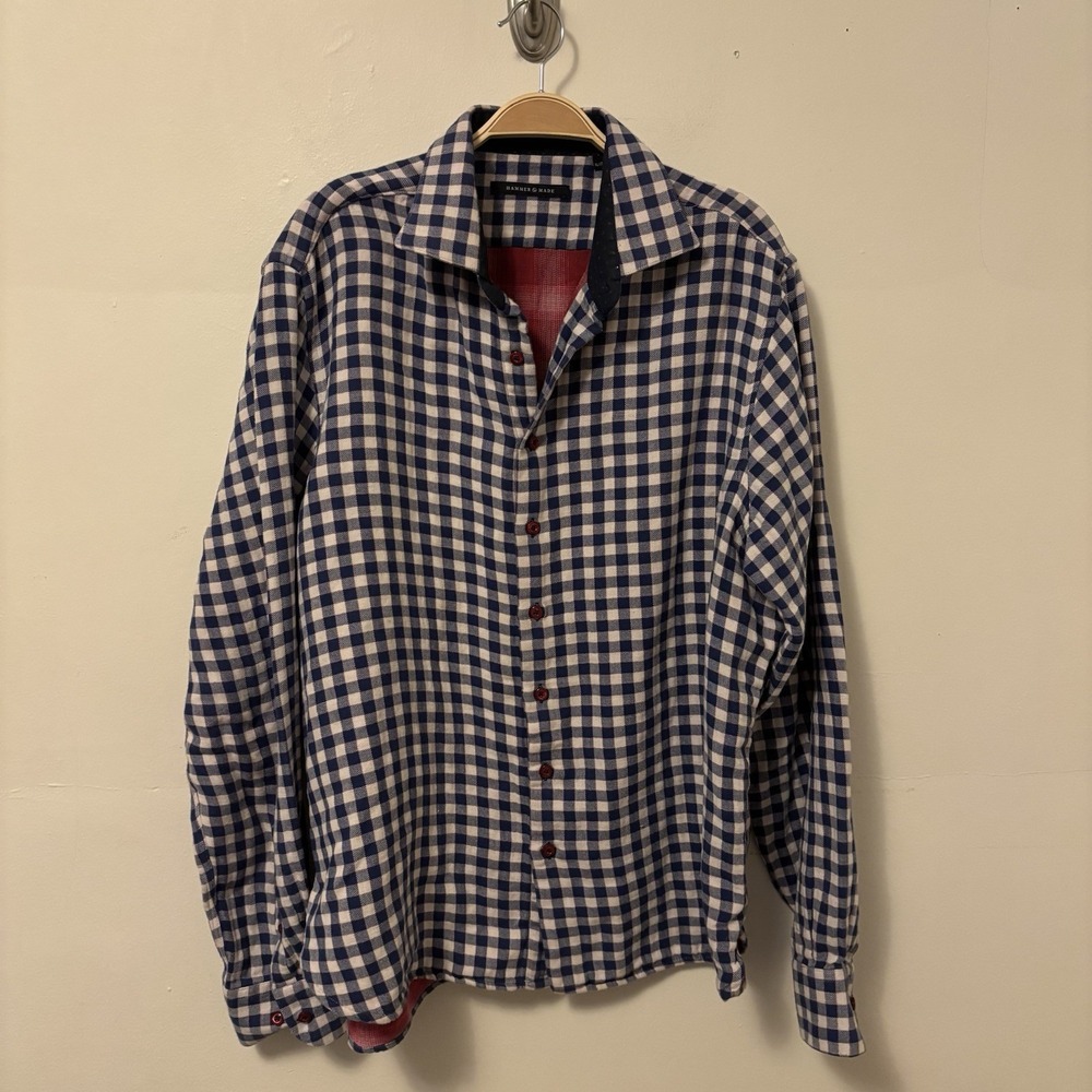 Hammer Made Button Down Shirt 100% Cotton Gauze‎ Gingham Blue White XL